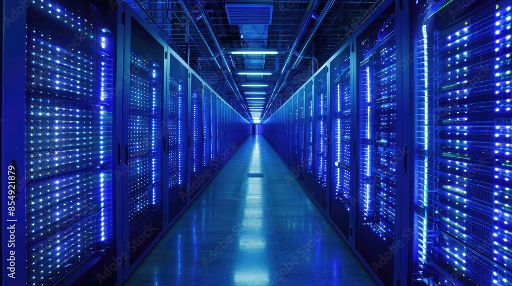 Poster blue-lit data center corridor: rows of servers stretch into the distance, illustrating the scale and