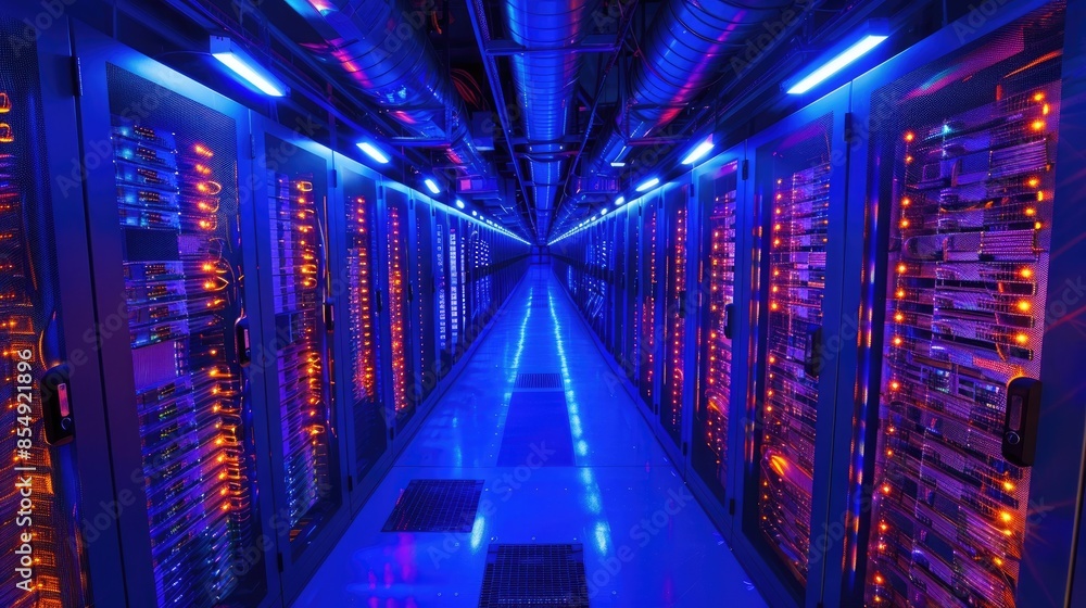 Poster blue-lit data center corridor: rows of servers stretch into the distance, illustrating the scale and