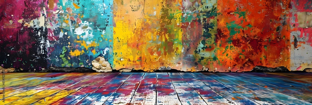 Poster vibrant abstract painting with energetic color splash and textured brushstrokes on canvas