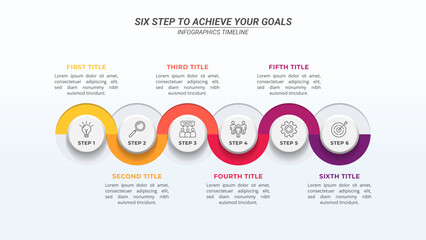 Colorful Wavy Infographic Timeline with 6 Options and Editable Text on a 16:9 Layout for Business Presentations, Management, and Evaluation.