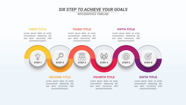 Colorful Wavy Infographic Timeline with 6 Options and Editable Text on a 16:9 Layout for Business Presentations, Management, and Evaluation.