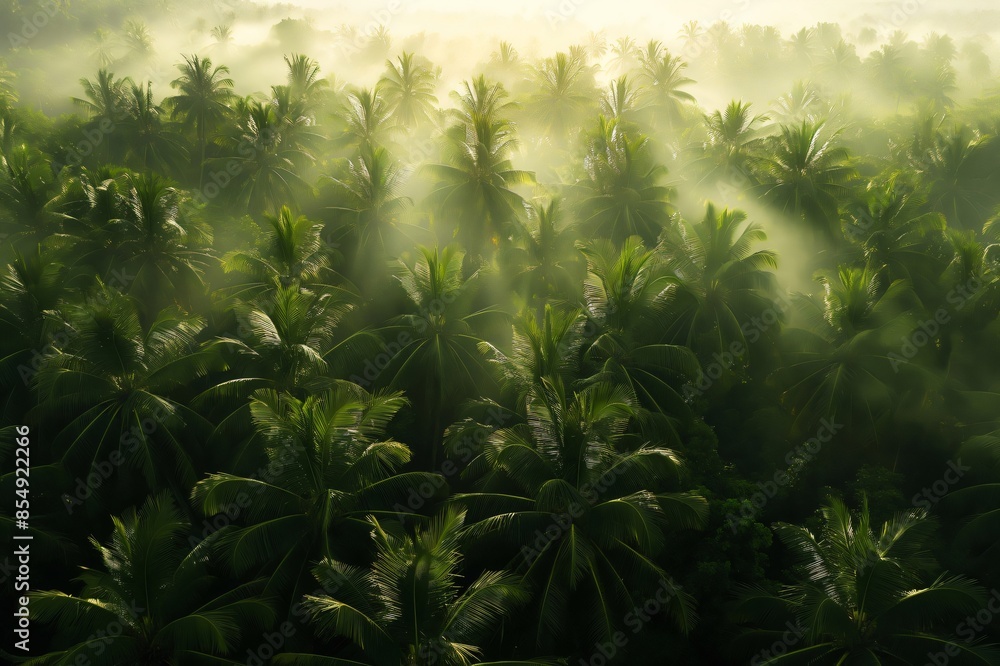 Poster aerial view of a dense palm tree forest engulfed in ethereal morning mist, illuminated by the soft l