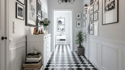 Bright hallway with a black and white tiled floor, a stylish white cabinet holding books and decor, surrounded by monochrome framed photos on the walls