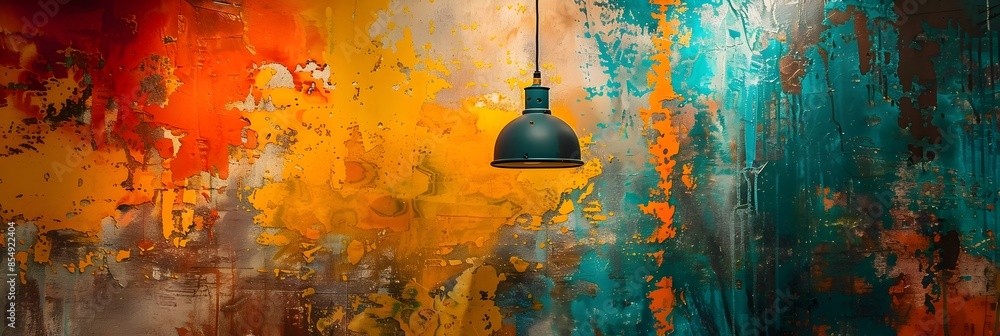 Poster vibrant abstract painting with rustic lighting fixture in grungy industrial setting