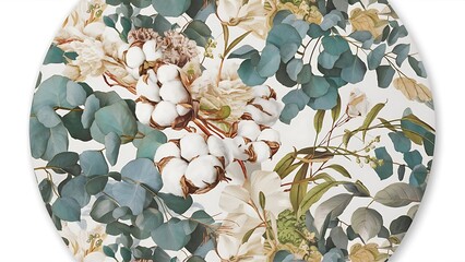 Round frame floral pattern with eucalyptus leaves and cotton