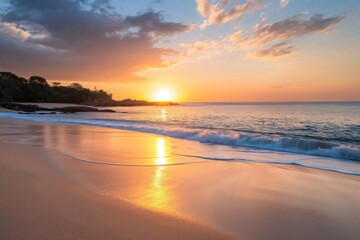 Serene beach scene at sunset with the sun dipping below the horizon reflects on the wet sand and gentle waves