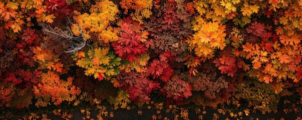 Aerial view of vibrant autumn foliage showcasing a colorful mix of red, orange, and yellow leaves in a dense forest.