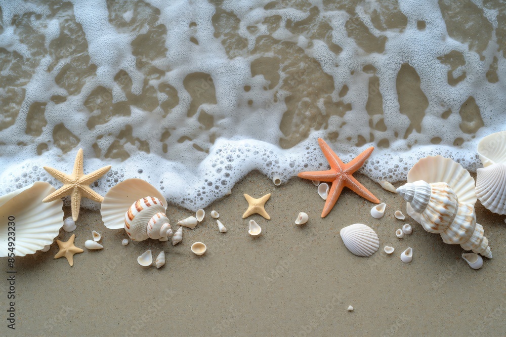 Poster tranquil beach setting featuring an assortment of seashells and starfish along the shore with gentle