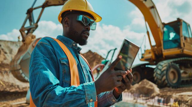 Engineer with a tablet at a construction site