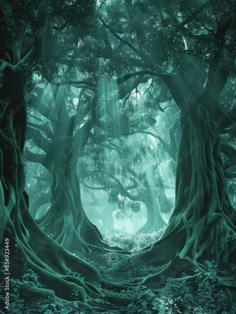 Poster mystical enchanted forest path with ethereal light beams filtering through ancient trees in a whimsi