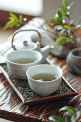 Immerse in the art of Japanese tea ceremony with traditional teapot, cups, and green tea leaves.