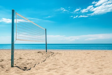 Sunny beach scene with an empty volleyball net set up on the sand, showcasing the tranquility of a summer day