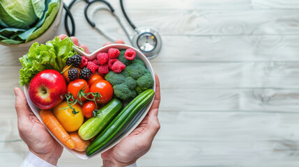 Nutritional food for heart health wellness by cholesterol diet and healthy nutrition eating with clean fruits and vegetables in heart dish by nutritionist and doctor recommended for patient well-being