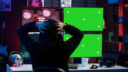 Cybercriminal using isolated screen PC in apartment hideout getting hacking attacks rejected by security. Hacker using chroma key computer monitor seeing access denied error message, camera A
