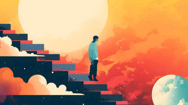 A person climbing a staircase with each step depicting a different emotional state, illustration.



