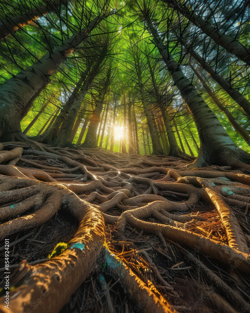 Poster mystical forest with sunlight filtering through trees and intricate network of exposed roots in a se