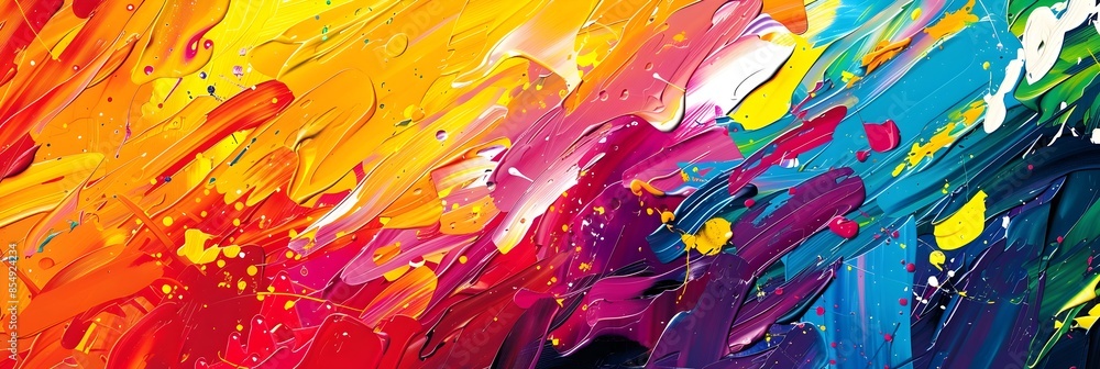 Poster vibrant and dynamic abstract painting with colorful fluid splashes and brushstrokes
