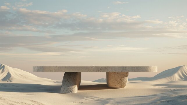 Minimalist stone table with flat rectangular top and two sturdy legs. Sand dunes under soft clouds sky. Empty showcase background. Branding presentation product display design