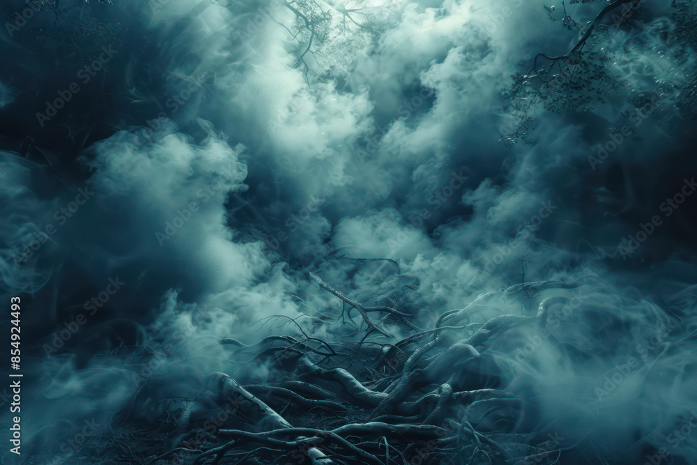 Aufkleber mystical forest with twisted roots and dreamlike fog under a mysterious moonlit sky enigmatic atmosp