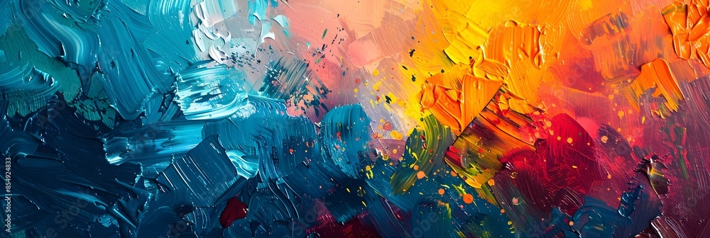 Poster Vibrant and Expressive Abstract Painting with Dynamic Brush Strokes and Fluid Color Interplay