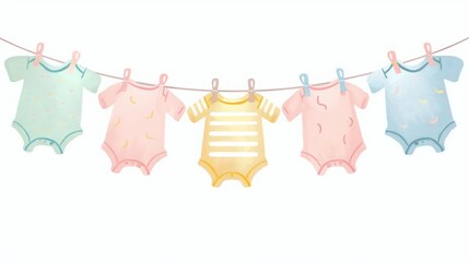Pregnancy announcement with baby clothes on a clothesline, announcement element, cartoon style, pastel colors, isolated on white background