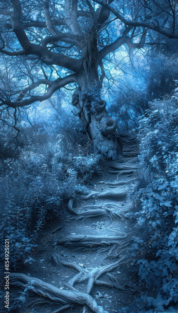 Poster ancient enchanted forest path in blue mystical light with twisted tree roots and dense foliage creat