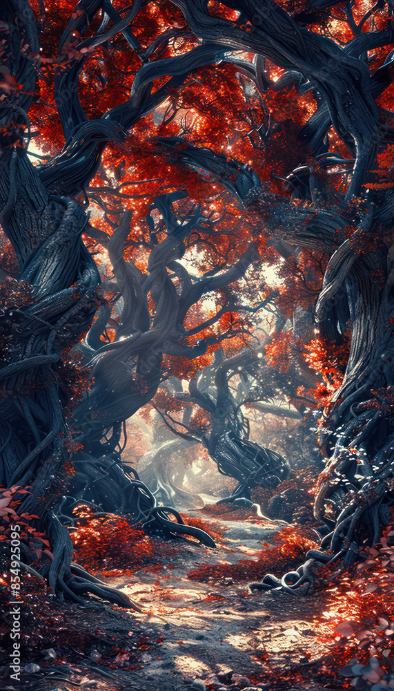 Poster enchanting autumn forest path with twisted trees and red foliage in magical natural landscape mystic