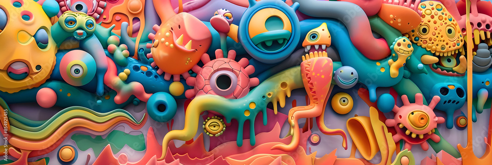 Aufkleber Vibrant and Surreal Abstract Art Composition with Eclectic Shapes Patterns and Vibrant Colors Creating a Whimsical and Captivating Visual Experience