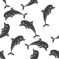 Obraz premium Cute dolphins on white background. Hand drawn seamless vector pattern. Black and white. Perfect for wallpaper, wrapping, fabric, print and textile.