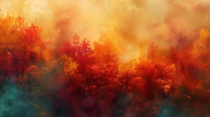 Fototapeta premium A breathtaking autumn landscape stretching as far as the eye can see, with trees ablaze in shades of red, orange, and gold. Soft wisps of colored smoke drift lazily through the air, 