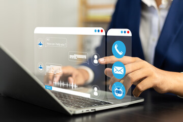 Businessman using AI chatbot conversation assistant in app on device for virtual assistance and customer support digital communication, Contact us Online service with AI Chatbot for efficient support.