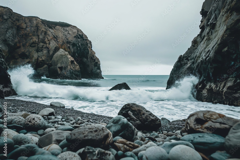 Poster serene rocky beach scene with waves crashing against rugged cliffs under a moody overcast sky