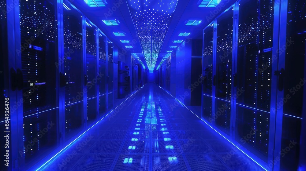 Aufkleber data center hallway with servers: blue lights cascade across the floor and ceiling, creating a futur