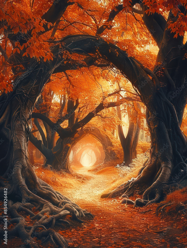 Aufkleber enchanted forest path with autumn foliage and twisted trees creating a mystical tunnel of light in d