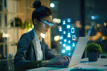 Professional woman working late with icons