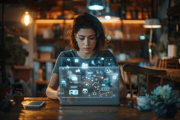 Woman engaged with a holographic interface