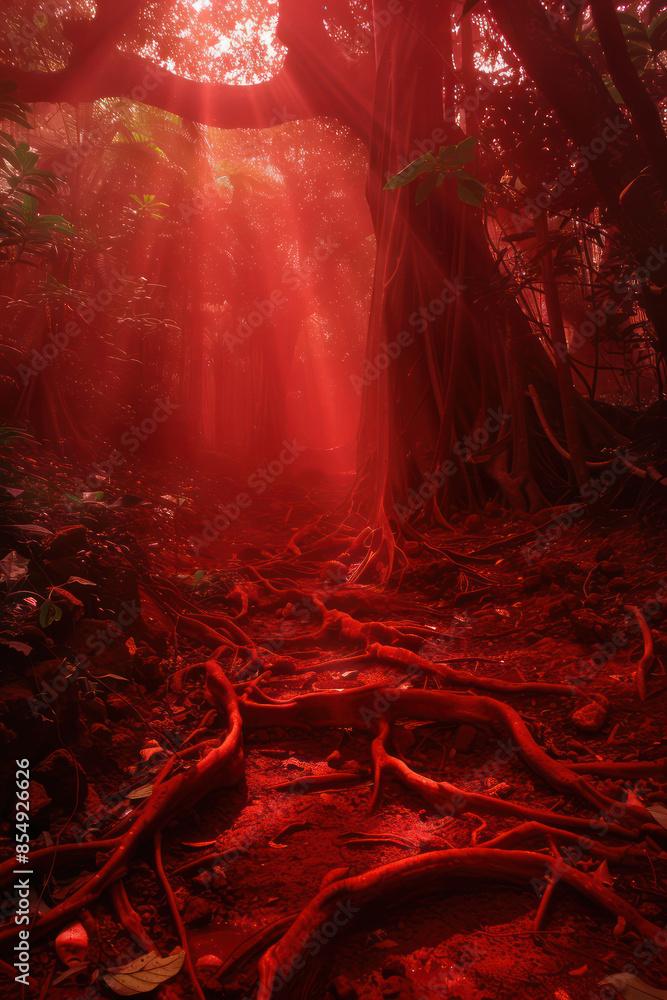Poster enchanting forest path illuminated by ethereal red light with dense trees and gnarled roots creating