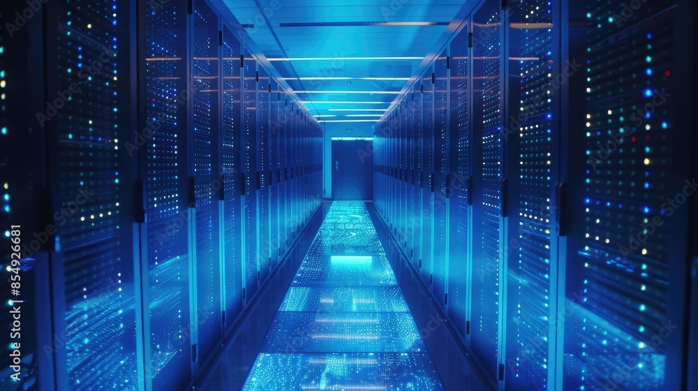 Aufkleber data center hallway with servers: blue lights cascade across the floor and ceiling, creating a futur