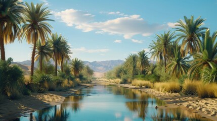 Obraz premium A breathtaking image of a peaceful desert oasis, with lush palm trees and clear blue skies stretching out to the horizon, offering a serene sanctuary for meditation and spiritual renewal
