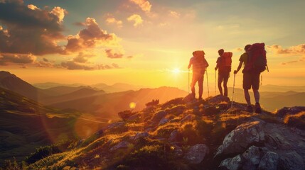Fototapeta premium Hikers enjoy sunset views on mountain peak
