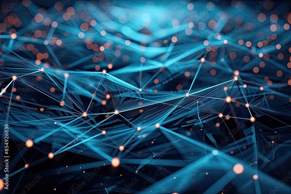 Poster a blue background with a network of dots, abstract representation of technology and connectivity