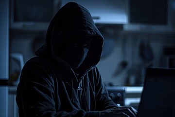 A masked individual in a dark room, wearing a hoodie, using a laptop to conduct cybercrime. The scene is dimly lit, evoking feelings of mystery and danger.