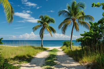 Serene sandy pathway lined with lush palm trees leading to a pristine beach and tranquil turquoise sea under a clear blue sky