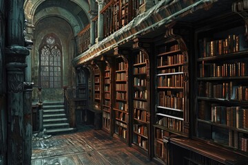 a room with a lot of books on the shelves, ancient library filled with mystical books