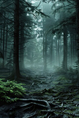 Obraz premium Enchanting Forest Mystique A Serene View of Misty Pines, Twisted Roots, and Lush Green Canopy in the Heart of a Tranquil Woodland