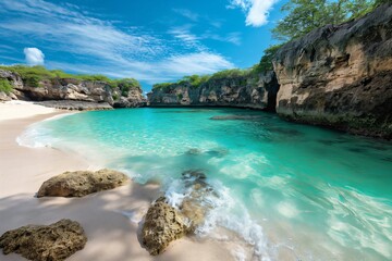 Fototapeta premium Secluded cove with turquoise waters, surrounded by rugged cliffs and pristine sand, capturing the essence of a tranquil paradise