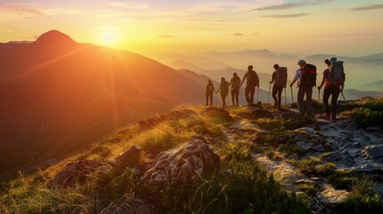 Hiking group silhouettes at sunset in mountain landscape