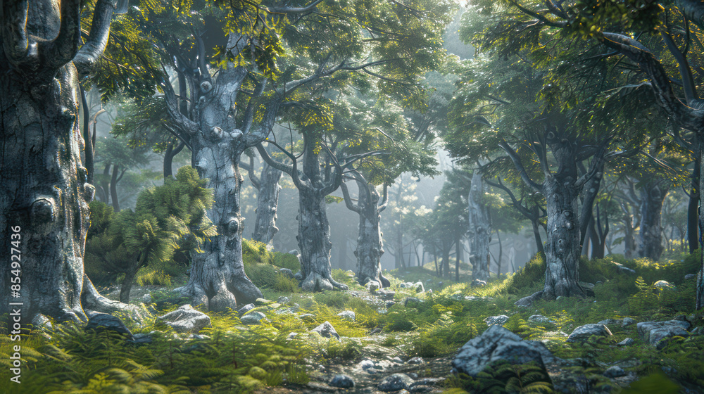 Poster a serene forest scene with sunlight filtering through the trees a tranquil pathway surrounded by maj