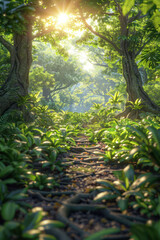 Obraz premium Enchanting Forest Pathway Bathed in Sunlight A Serene Escape into Nature's Green Oasis with Lush Vegetation and Towering Trees Creating a Peaceful Atmosphere for Tranquil Walks and Exploration