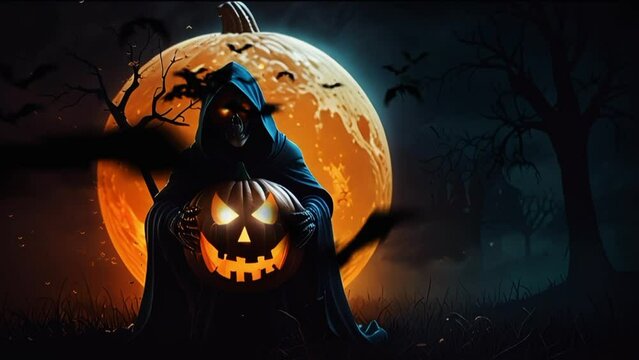 scary pumpkin and grim reaper on halloween day, in anime or cartoon style. Seamless looping 4k video animation